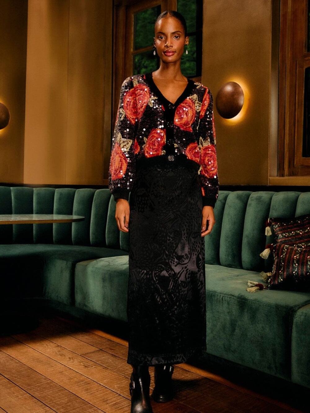 Farm Rio Black Latin Roses Buttoned Sequined Knit Cardigan